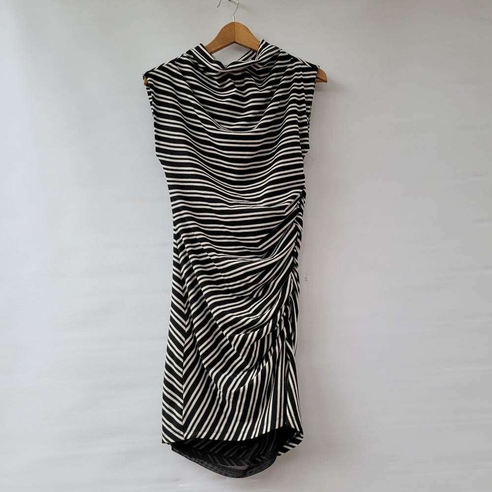 Anthropologie Black White Knit Sleeveless Sheath Dress Size Medium Petite Ruched